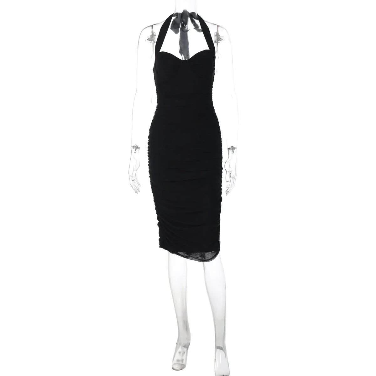 Ruched Mesh Halter Maxi Dress