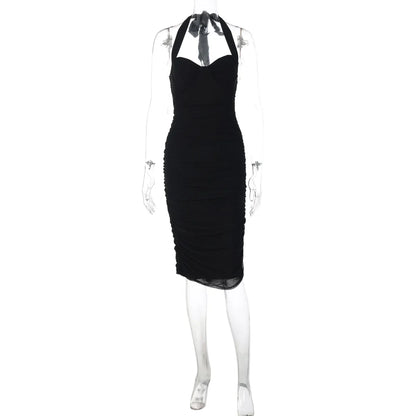 Ruched Mesh Halter Maxi Dress