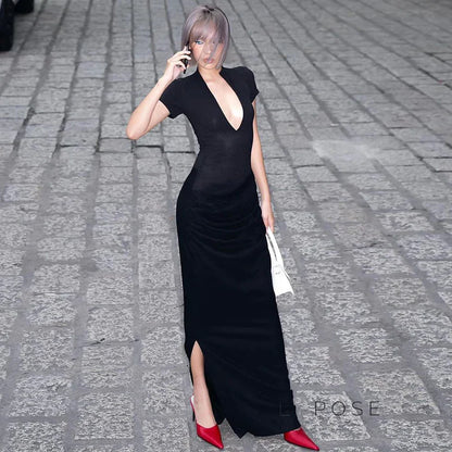 Susanna Deep V Ruched Maxi Dress