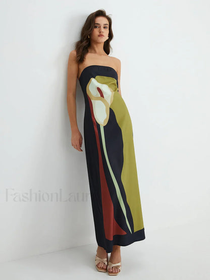Large Floral Print Split Tube Maxi Dress