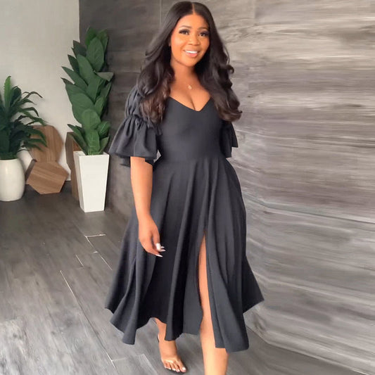 Women Casual Fashion V-Neck Ruffled Sleeves Hollow Backless Slit Swing Midi Dress