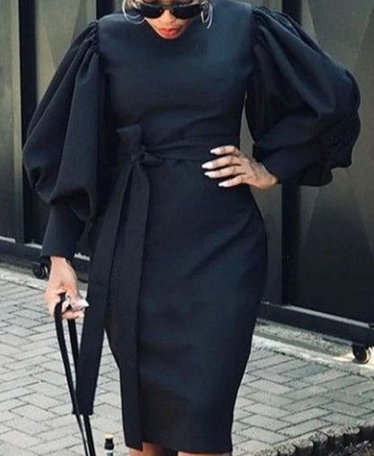 Women Casual Slim Round Neck Bubble Sleeve Tie Midi Dress