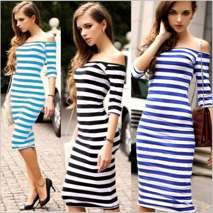 Women Autumn Casual Off-Shoulder Slim Fit Stripe Midi Dress