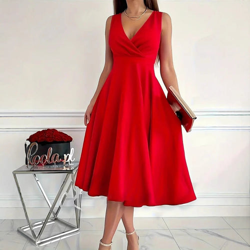 Simple Basic Solid Color Casual Sleeveless V Neck Midi Dress