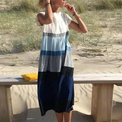 Women Casual Color Blocking Short Sleeve Round Neck Loose Midi Dress