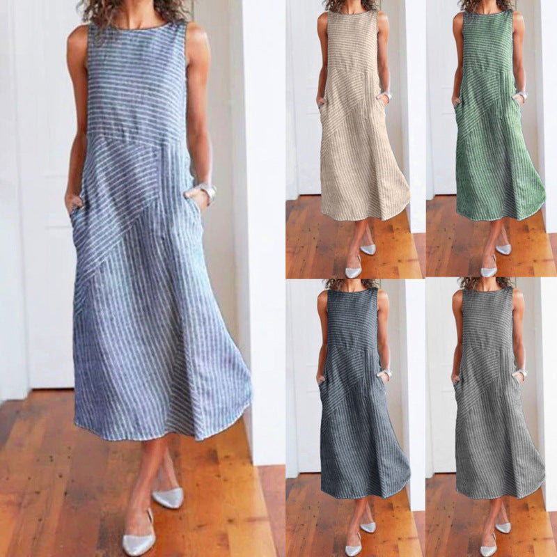 Women'S Plus Size Fashion Casual Stripe Sleeveless Plus Size Midi Dress