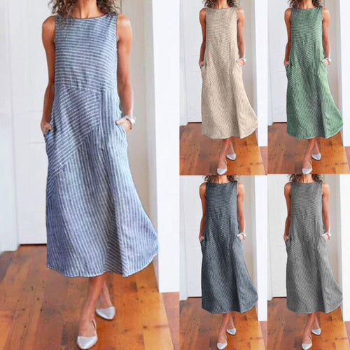 Women'S Plus Size Fashion Casual Stripe Sleeveless Plus Size Midi Dress
