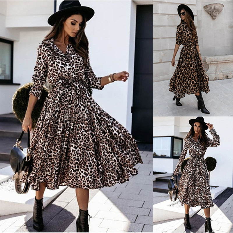 Women Autumn And Winter Long Sleeve Leopard Printed Casual Midi Dress