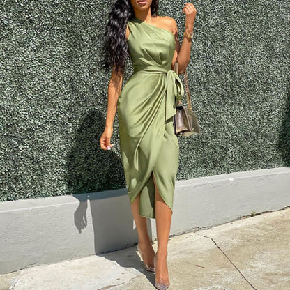 Women Solid Color Satin One Shoulder Waist Tie Irregular Casual Midi Dress