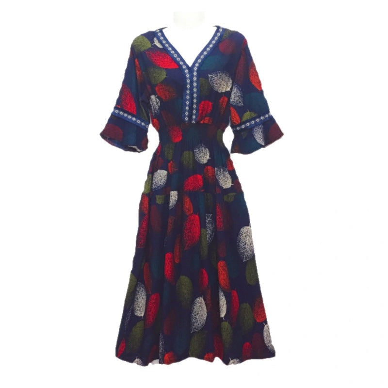 Summer Loose Casual Women Printed V-Neck Trumpet Sleeve Midi Dress