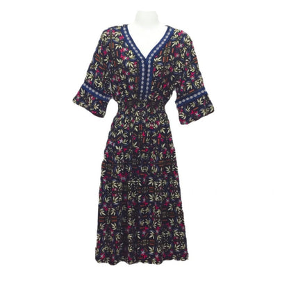 Summer Loose Casual Women Printed V-Neck Trumpet Sleeve Midi Dress
