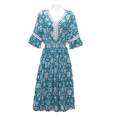 Summer Loose Casual Women Printed V-Neck Trumpet Sleeve Midi Dress