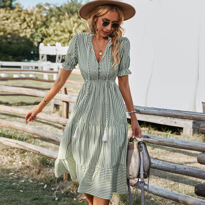 Fashion Women Summer Casual Vacation Stripeprint Short Sleeve Midi Dress