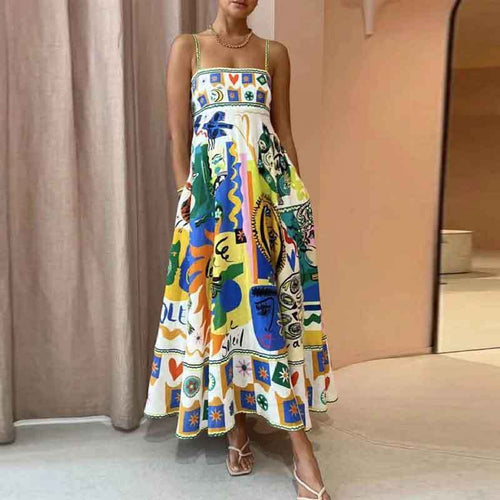 Summer Women Casual Digital Print Strap Midi Dress