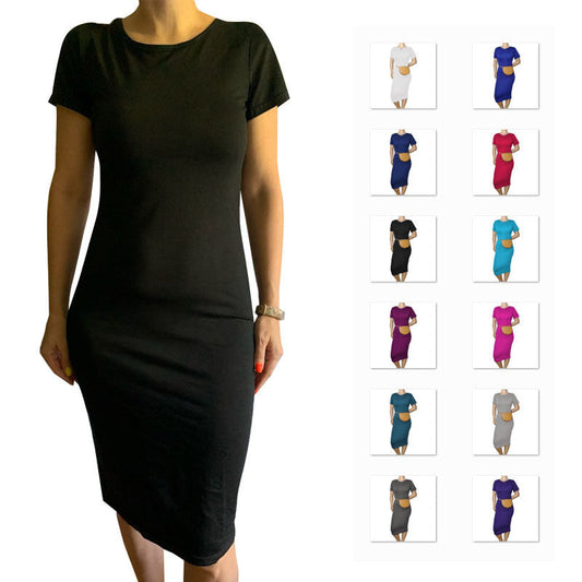 Women Casual Basic Solid Color Short Sleeve Midi Dress