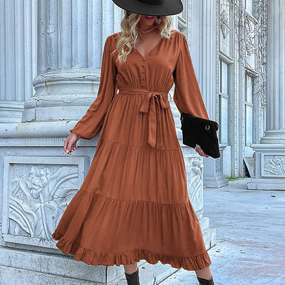 Casual Autumn And Winter Women Long Sleeve Pleated Ruffled Midi Dress