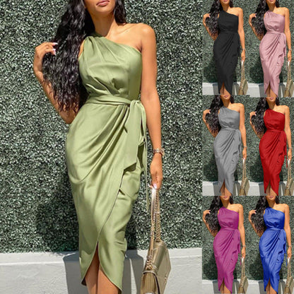 Women Solid Color Satin One Shoulder Waist Tie Irregular Casual Midi Dress
