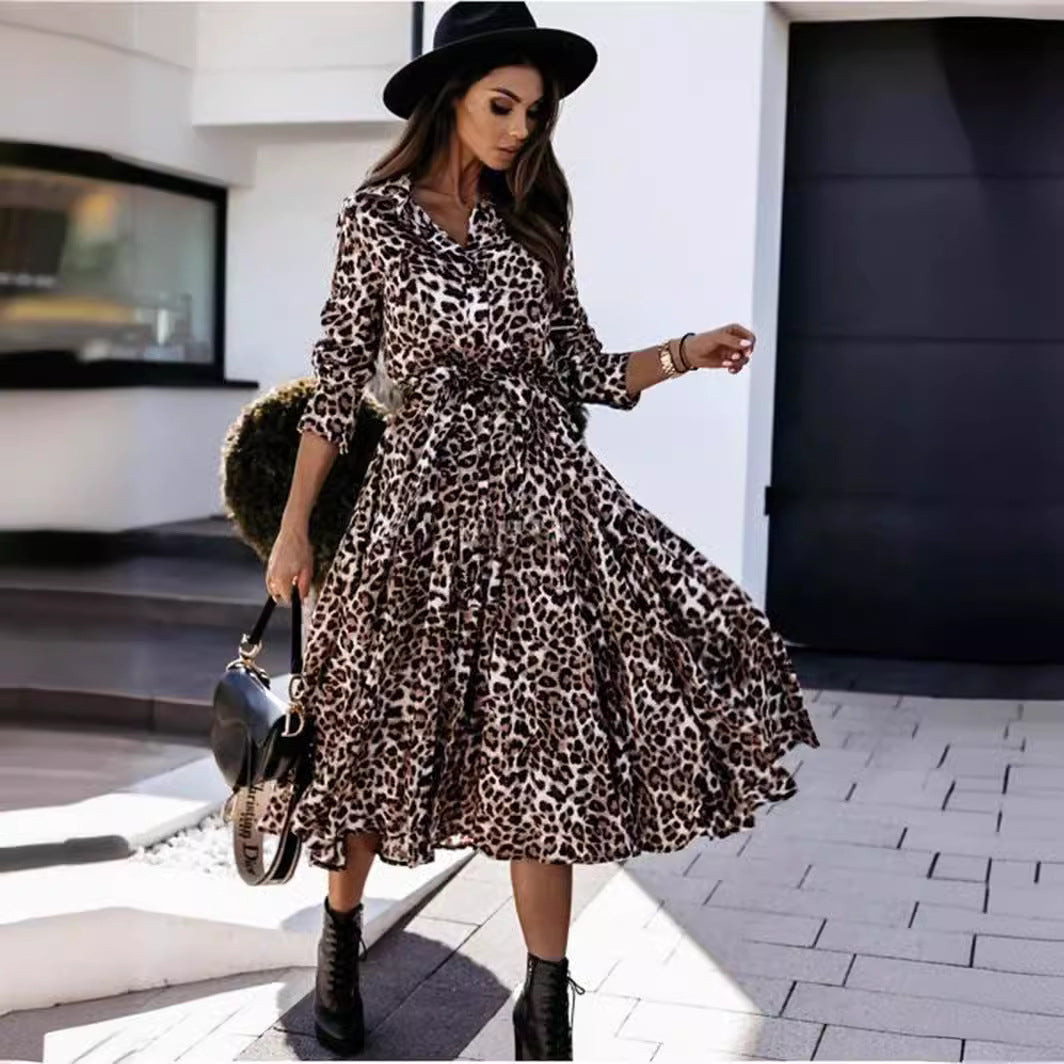 Women Autumn And Winter Long Sleeve Leopard Printed Casual Midi Dress