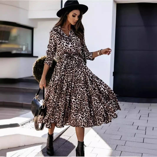 Women Autumn And Winter Long Sleeve Leopard Printed Casual Midi Dress