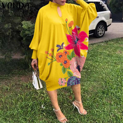 Women Casual Elegant Vintage Long Sleeve Floral Printed Midi Dress
