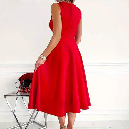 Simple Basic Solid Color Casual Sleeveless V Neck Midi Dress