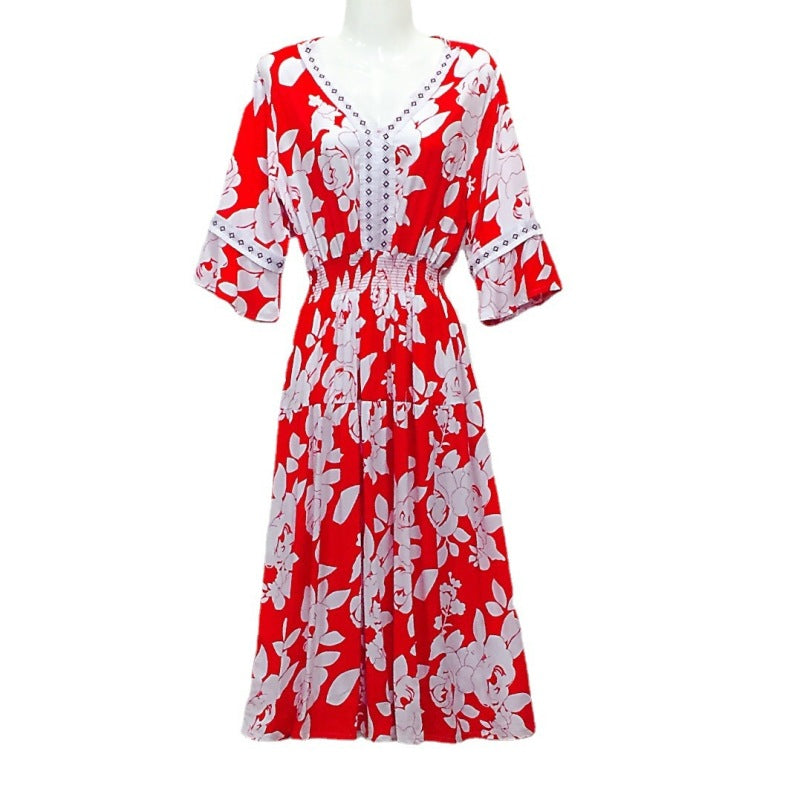 Summer Loose Casual Women Printed V-Neck Trumpet Sleeve Midi Dress