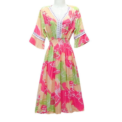 Summer Loose Casual Women Printed V-Neck Trumpet Sleeve Midi Dress