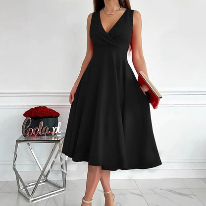Simple Basic Solid Color Casual Sleeveless V Neck Midi Dress