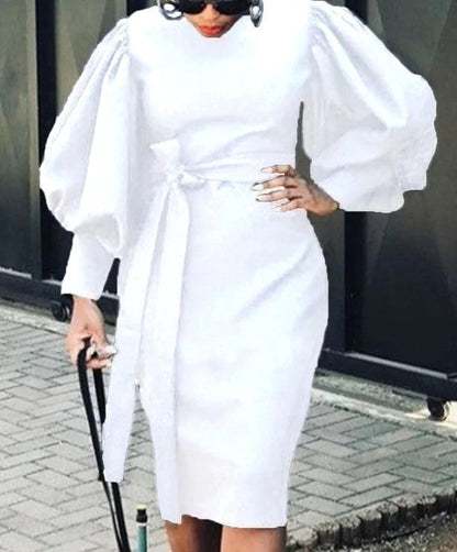 Women Casual Slim Round Neck Bubble Sleeve Tie Midi Dress
