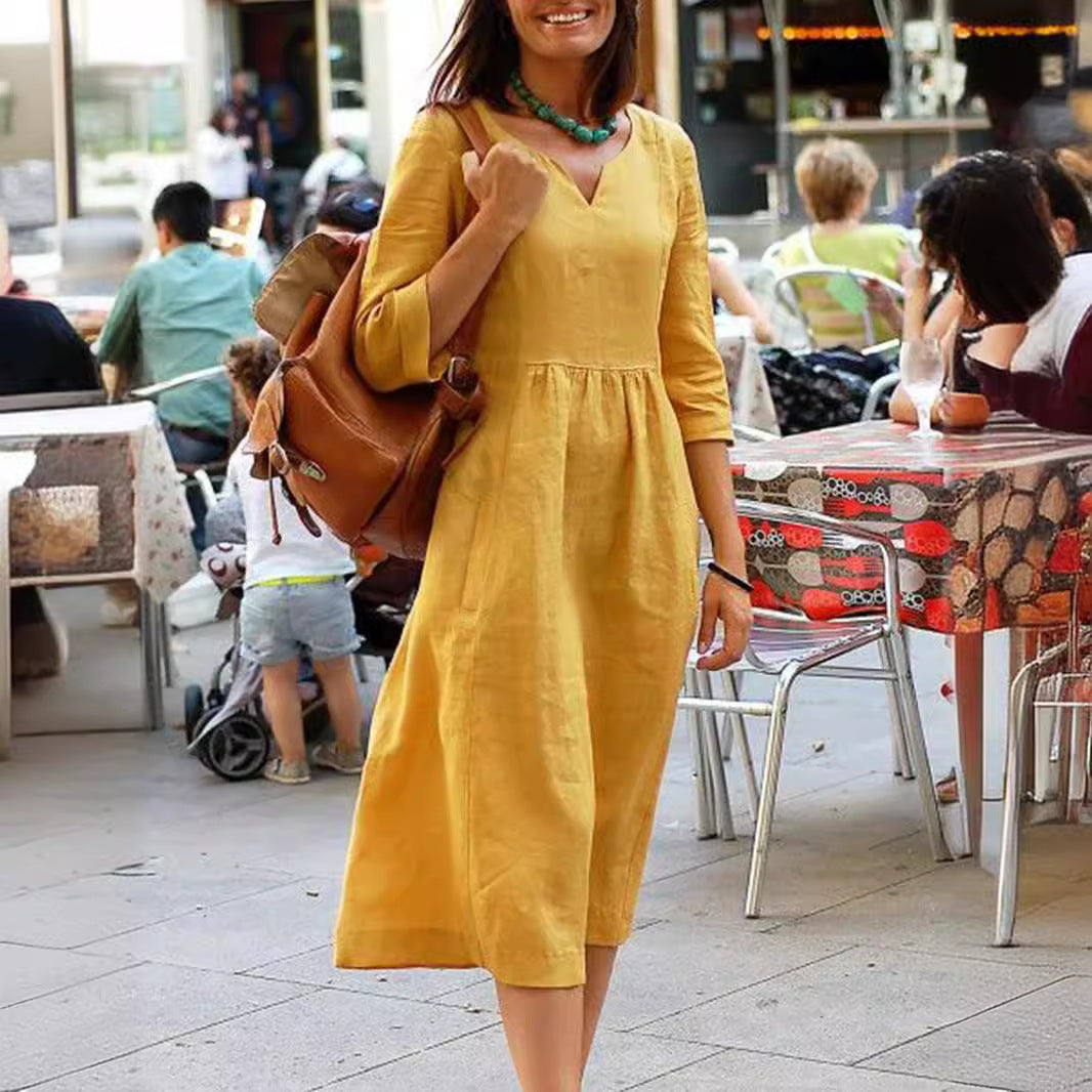 Plus Size Women Summer Cotton Linen V-Neck Casual Midi Dress