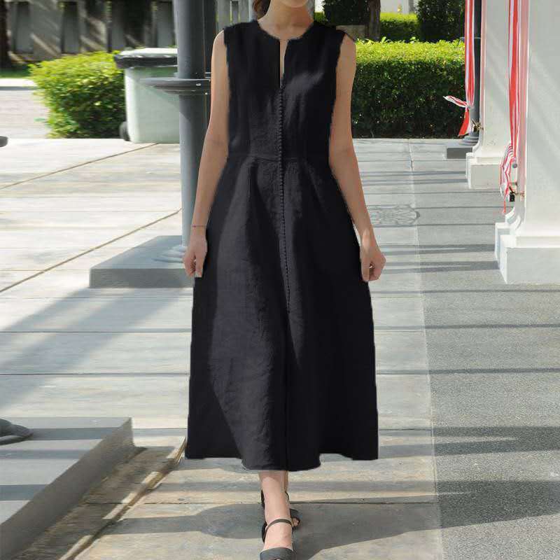 Women Fashion Casual V-Neck Cotton Linen Hem Slit Sleeveless Midi Dress