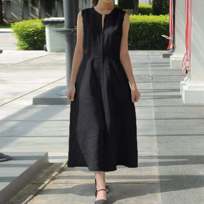Women Fashion Casual V-Neck Cotton Linen Hem Slit Sleeveless Midi Dress