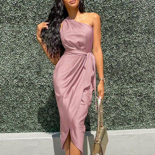 Women Solid Color Satin One Shoulder Waist Tie Irregular Casual Midi Dress