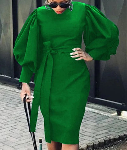 Women Casual Slim Round Neck Bubble Sleeve Tie Midi Dress