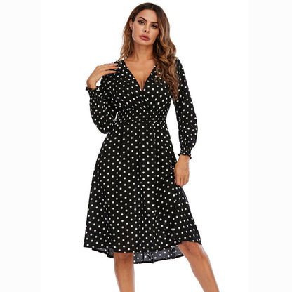 Women Casual Spring Chiffon Floral Print V-Neck Long-Sleeved Surplice Midi Dress
