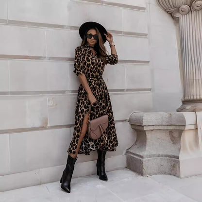 Women Autumn And Winter Long Sleeve Leopard Printed Casual Midi Dress