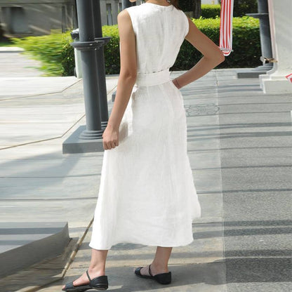 Women Fashion Casual V-Neck Cotton Linen Hem Slit Sleeveless Midi Dress