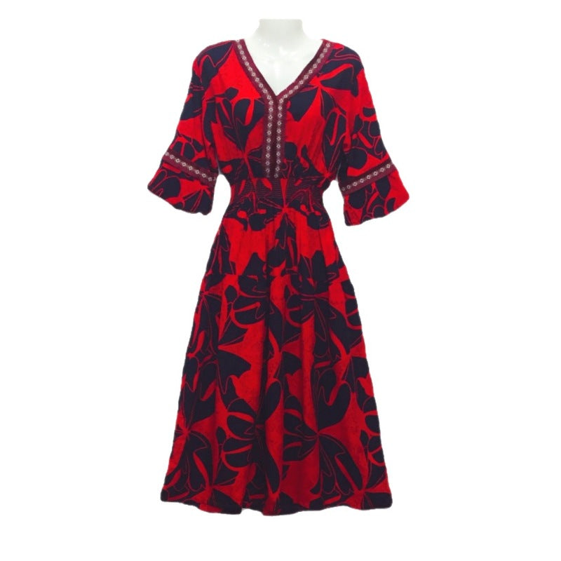 Summer Loose Casual Women Printed V-Neck Trumpet Sleeve Midi Dress