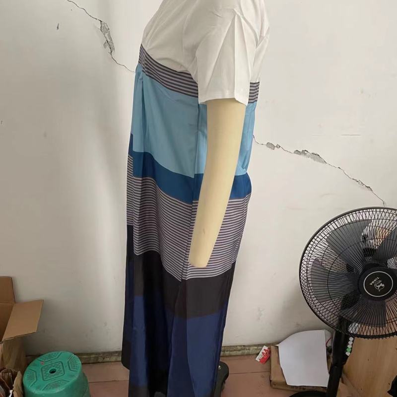 Women Casual Color Blocking Short Sleeve Round Neck Loose Midi Dress