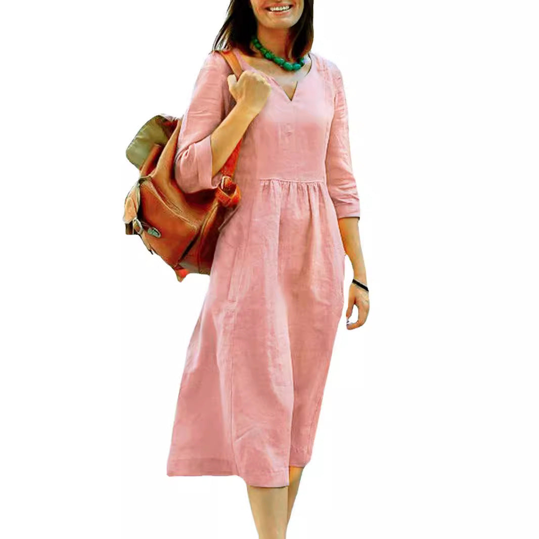 Plus Size Women Summer Cotton Linen V-Neck Casual Midi Dress