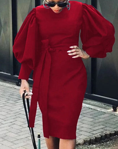 Women Casual Slim Round Neck Bubble Sleeve Tie Midi Dress