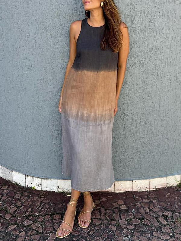 Women Summer Casual Cotton Linen Sleeveless Side Slit Gradient Color Midi Dress