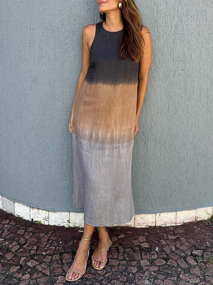 Women Summer Casual Cotton Linen Sleeveless Side Slit Gradient Color Midi Dress