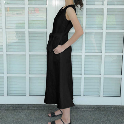 Women Fashion Casual V-Neck Cotton Linen Hem Slit Sleeveless Midi Dress