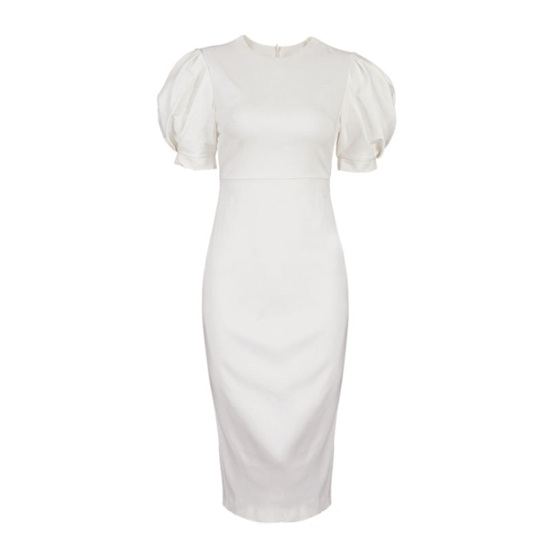 Women Casual Elegant Summer Round Neck Short Sleeve Tight High Waist Puff Sleeve Midi Dress