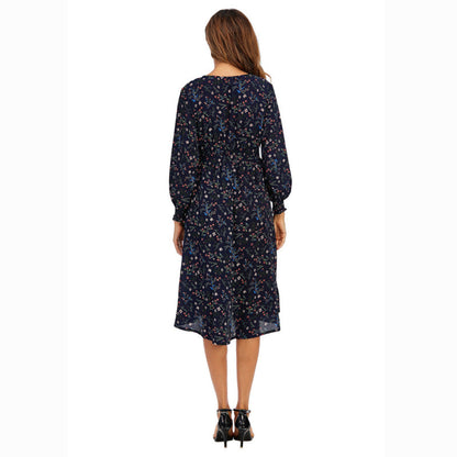Women Casual Spring Chiffon Floral Print V-Neck Long-Sleeved Surplice Midi Dress