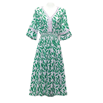 Summer Loose Casual Women Printed V-Neck Trumpet Sleeve Midi Dress