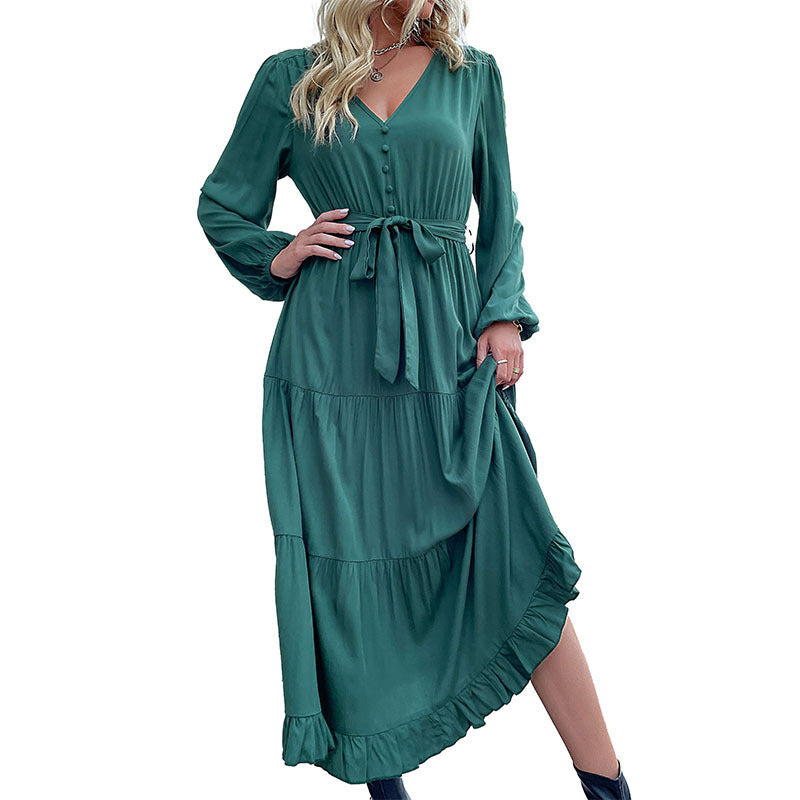 Casual Autumn And Winter Women Long Sleeve Pleated Ruffled Midi Dress