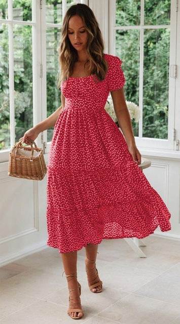 Women Fashion Vacation Casual Square Neck Short Sleeve Defined Waist Floral Midi Dress