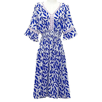 Summer Loose Casual Women Printed V-Neck Trumpet Sleeve Midi Dress